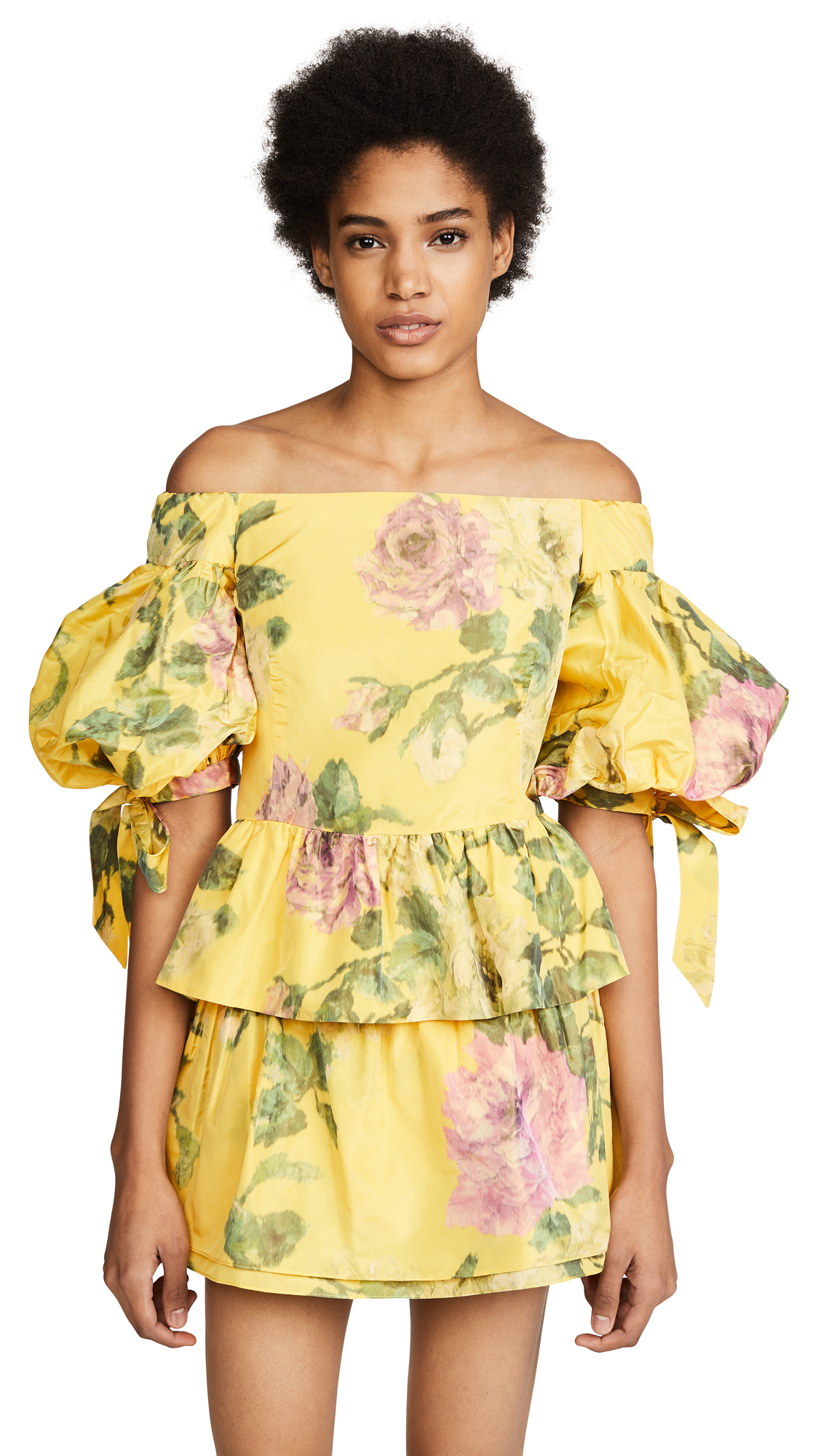 Yellow Floral Peplum Top and Skirt Set by Marchesa